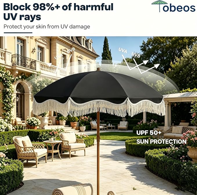 7FT Patio Umbrella with Fringe, Outdoor Tassel Umbrella with Fiberglass Ribs, Boho Beach Umbrella, Push Button Tilt and Carrying Bag, UPF50+