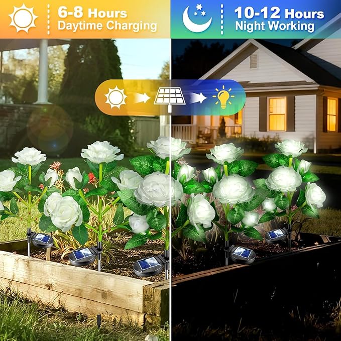Anordsem Solar Garden Lights Outdoor: 20 Artificial Fabric White Roses Flowers 4 Pack- LED Flower Decorations for Cemetery Grave Pathway Yard- Valentine's Day Gifts for Women, Wife and Mother
