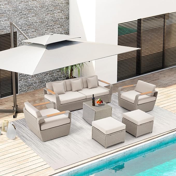 HOMREST Patio Furniture Set, Oversized 7-Seat Outdoor Sectional with Ottoman and Coffee Table, Wicker Rattan Patio Sofa Set with 5" Thick Removable Cushions for Garden, Porch, Backyard, Light Gray