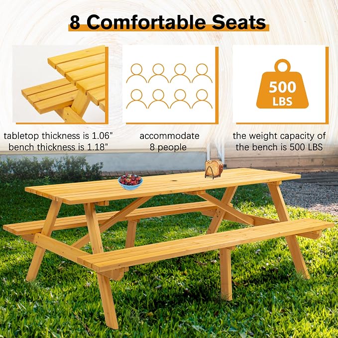Hohuqeri Wood Picnic Table, 75" Tabletop with Umbrella Hole, 8 Person Outdoor Wooden Picnic Table Bench Set for Patio, BBQ, Dining, Yellow