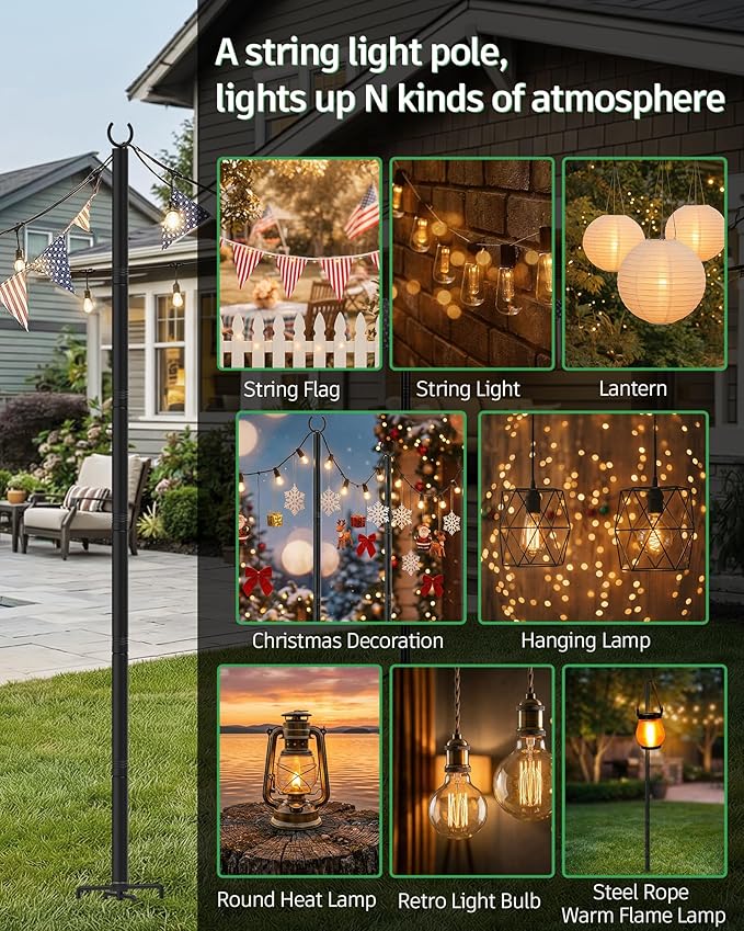 LAND·VOI Outdoor String Light Poles 2 Pack, Heavy Duty String Light Poles for Outside with 5-Prong Base & Adjustable Height, Perfect for Backyard, Patio, Garden, Fence and Party Decor