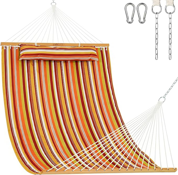 Lazy Daze Hammocks 12 FT Quilted Fabric Double Hammock with Spreader Bars and Detachable Pillow, 450lbs Weight Capacity, Vivid Stripe