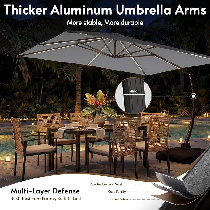 11x11FT Solar Powered LED Light Cantilever Patio Umbrella with Base Included, Large Cantilever Umbrella with 360°Rotation, Heavy-Duty Offset Outdoor Umbrella for Patio,Pool,Backyard (Gray)