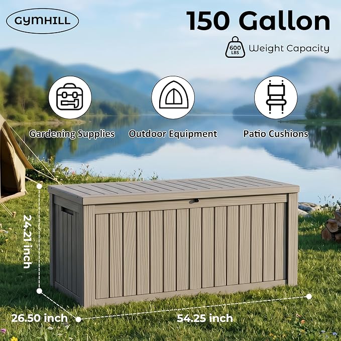 Large Outdoor Storage Box Waterproof, UV Resistant Resin Deck Box for Patio Furniture,Garden Tools,Cushions (Grey, 150 Gallon)