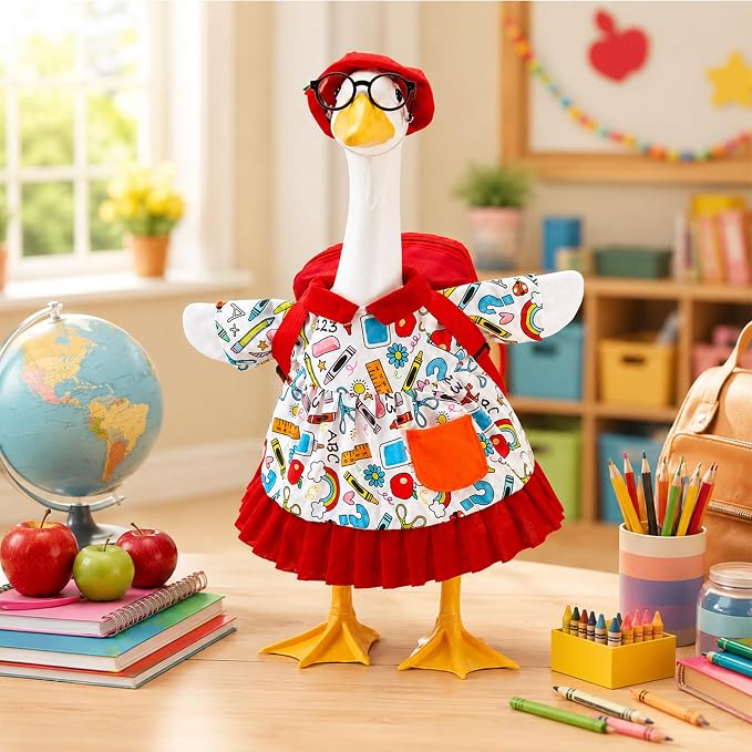 4 Pcs Back to School Porch Goose Outfits, Classroom Student Goose Clothes Set Includes Hat Skirt Backpack and Glasses, Funny School Goose Costume for 23"H Statue Outdoor Garden Yard Patio Lawn Decor