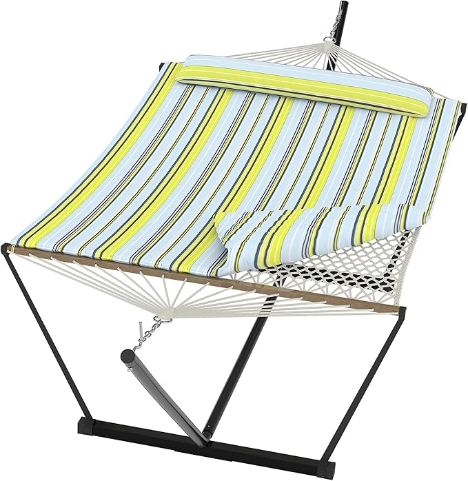 Double Hammock with Stand for Outdoor, Portable Hammock with Soft Pillow, Balance Ropes, for Patio, Garden, Backyard, Beach