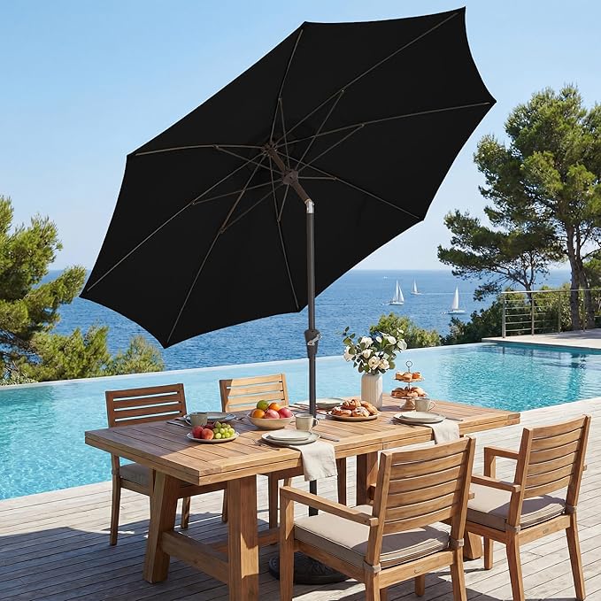 JEAREY 9FT Outdoor Patio Umbrella,Market Table Umbrella with 8 Fiberglass Ribs, Pool Umbrella with Tilt and Crank, UV Protection Lightweight & Wind-Resistant for Lawn, Garden, Deck and Backyard, Black