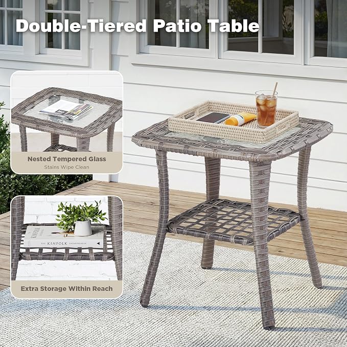 Belord Patio Wicker Swivel Rocker Patio Chairs with Side Table, Outdoor Rattan Chairs for Deck Porch Garden, 3 Piece Luxury Patio Furniture Set, Beige