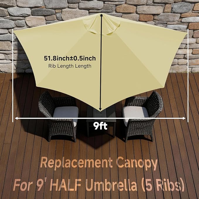 9FT 5Ribs Patio Half Umbrella Replacement Canopy Cover, Half Outdoor Umbrella Replacement Cloth, Market Yard Umbrellas Top Cover, Waterproof & UV-Protective (Only Canopy)