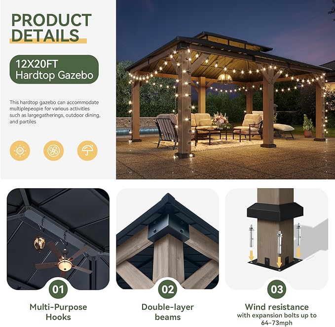 Aoxun 12' x 20' Outdoor Wood Gazebo, Hardtop Gazebo Permanent Wooden Pavilion with Galvanized Steel Double Roof, for Patio, Garden, Yard, Cedar Wood, Grey