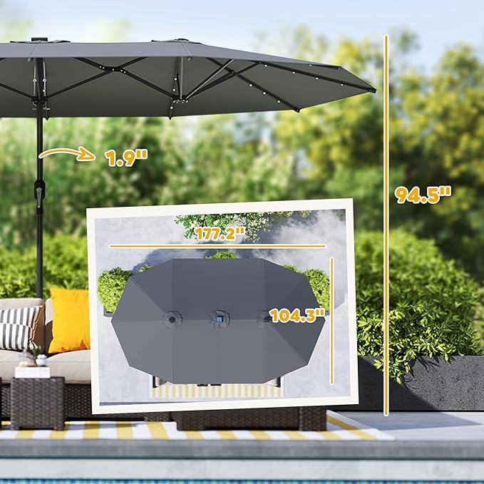 Outsunny 14.8ft Double Umbrella, Large Outdoor Patio Sun Shade with LED Solar Light for Garden
