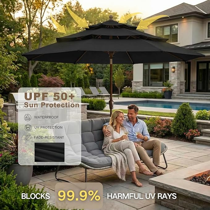 Kingdura 10ft 3-Tier Patio Umbrella, Outdoor Table Umbrella with Easy Crank & Tilt, 8 Reinforced Ribs, UV Protection for Deck, Pool, Market, Backyard (Black)