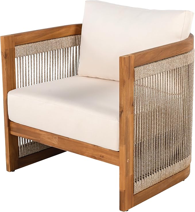 Christopher Knight Home Malphite 3 Pieces Conversation Set, Acacia Wood Chat Set, Round Coffee Table and Woven Rope Accent Chairs, Slat Design Patio Furniture Set for Backyard Garden, Beige + Teak