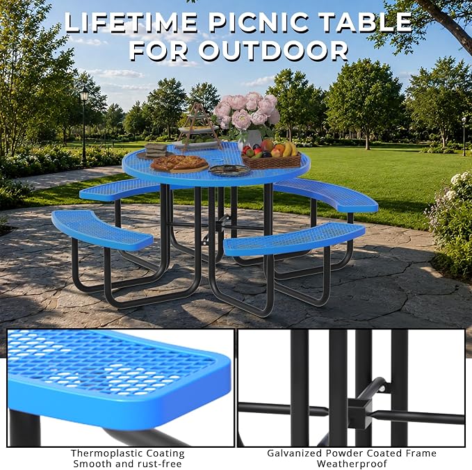 All-Weather Round Outdoor Picnic Table, Commercial Picnic Table Bench Set with Umbrella Hole, Thermoplastic Coated Metal Dining Tables for School, Stores, Park, Patio, Yard, Blue