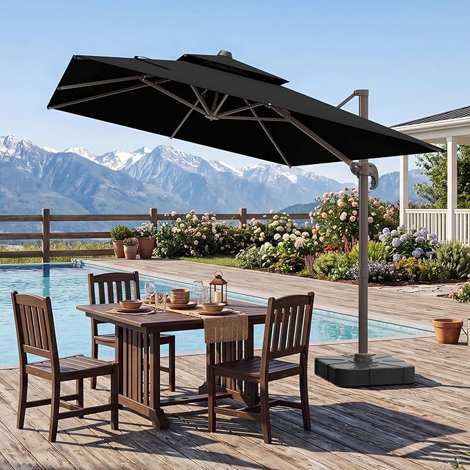 10x10 FT Patio Cantilever Umbrella (Base Not Included) (Base Not Included), Rectangular Heavy Duty Offset Umbrella for 6-8 People, 360°Rotation & Mult Tilt, Double Top Design, for Pool Garden Deck (Black)