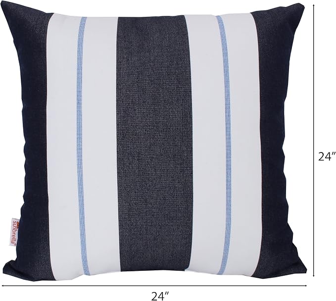 Outdoor/Indoor Sunbrella Throw Pillow Cover Only Square Set of 2 Pieces 24 inch x 24 inch Relate Harbor Stripe - Insert Not Included, Navy