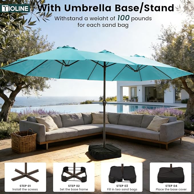 15FT Large Patio Umbrellas with Base Included, Outdoor Double-Sided Rectangle Big Market Umbrella with Stand, Outside Umbrellas for Poolside Lawn Backyard,Light Blue