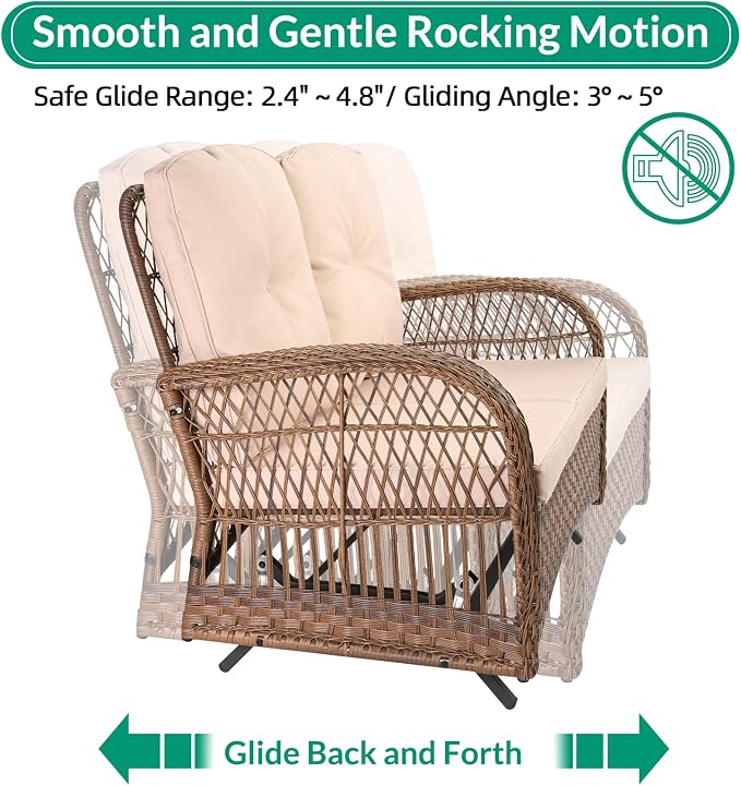 VIVIJASON 7-Piece Outdoor Patio Wicker Conversation Sets, All Weather Outdoor Rattan Furniture Set Includes Glider Loveseat, 2 Rocking Chairs, 2 Swivel-Gliders Chairs, 2 Coffee Table, Light Brown