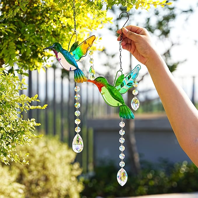 2PCS 18.1" Hummingbird Suncatchers,Stained Glass Window Hanging Ornament | Rainbow Maker Crystal Prism Suncatcher, Window Hanging Ornament, Indoor & Outdoor Home Garden Decor