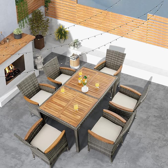 7 Pieces Patio Dining Set Outdoor Dining Set, Wicker Patio Furniture Set with Acacia Wood Table and Chairs, Garden Dining Table Set for Backyard, Desk, Poolside, (Grey)