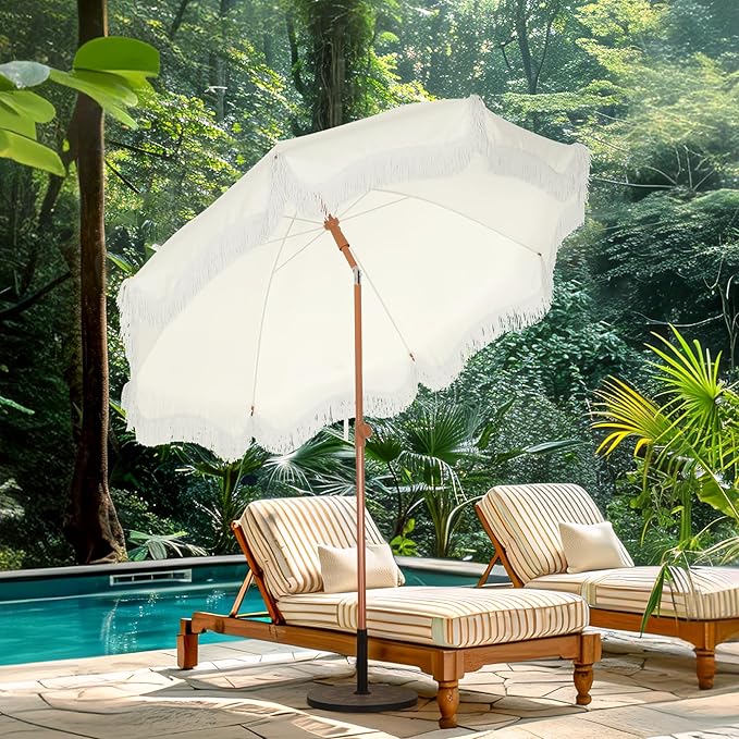 Sophia & William 7ft Outdoor Beach Umbrellas with Fringe, Portable Tilt Umbrellas for Sand, Patio, Lawn, Garden, Pool, Outing, Balcony