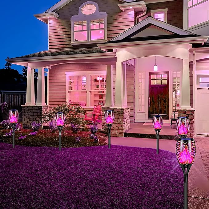 Solar Torch Light with Flickering Flame,4Pack Solar Lights Outdoor,Waterproof Solar Powered Yard Garden Lights,Solar Flame Light,Torches Lighting for Outside Patio Lawn Path Decorations (Purple)