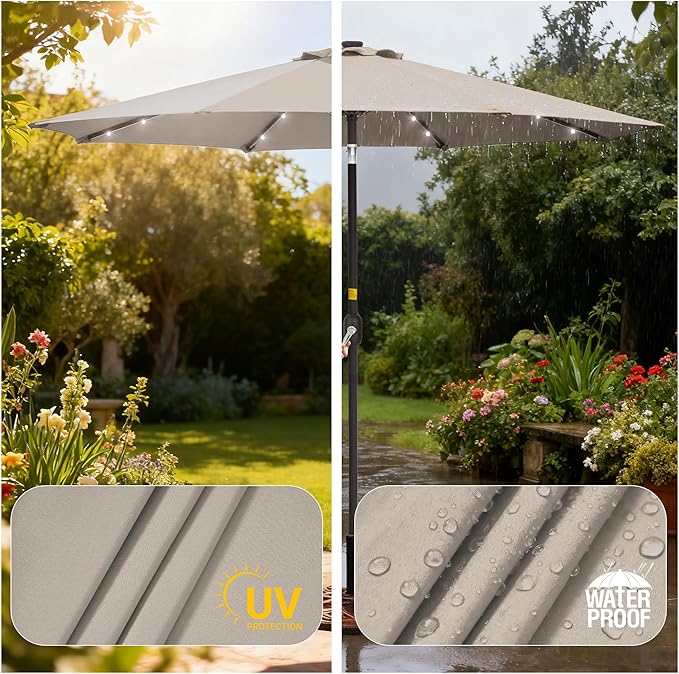9ft Patio Umbrella Outdoor with Solar Lights,32 LED Lighted Table Market Umbrella with Tilt and Crank, 2-Year-Non-Fading, 8 Sturdy Ribs,for Pool, Deck, Garden,Backyard