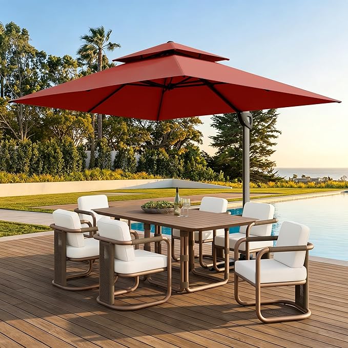 Sophia & William Cantilever Patio Umbrella 12ft, Offset Large Outdoor Umbrellas with 360°Rotation, Heavy Duty Hydraulic Double Umbrella for Garden Pool Backyard, Red (no base)