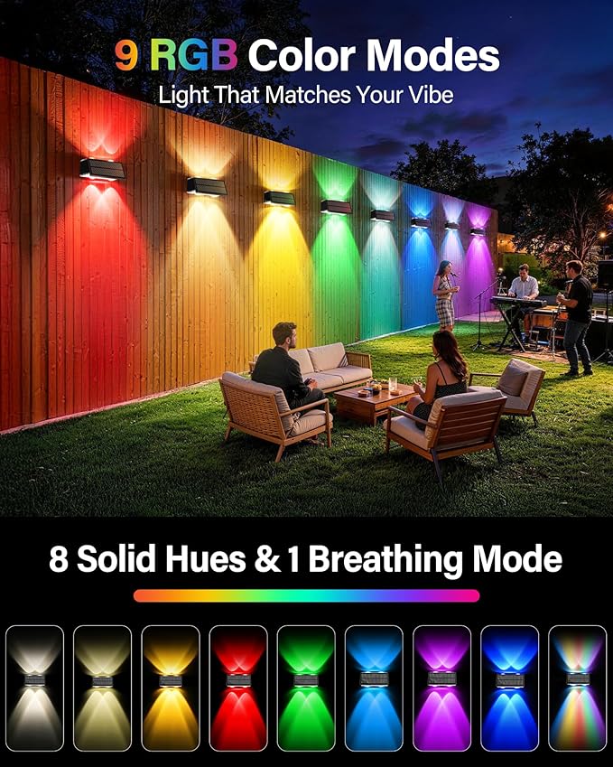 Solar Fence Lights Outdoor, 10 Pack 100LM Fence Lights Solar Powered Waterproof, 9 Color Modes, Up & Down LED Focused Beam, 12H Dusk to Dawn Glow for Pool/Patio/Wall/Backyard - Black