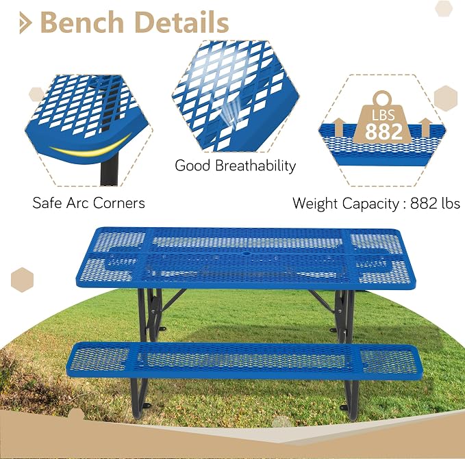 72'' Rectangular Metal Picnic Table with 1.73" Umbrella Hole, Heavy Duty Steel Mesh Table Set, Weather Resistant Sturdy Outdoor Furniture, for Patio, Garden, Courtyard & BBQ, Blue