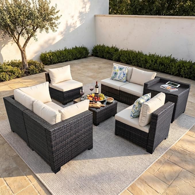 8 Pieces Patio Furniture Set with Storage, Outdoor Sectional Sofas | Storage Box with a Waterproof Bag, Wicker Modular Outdoor Sectional Furniture with Thick Cushions for Deck, Porch, Beige