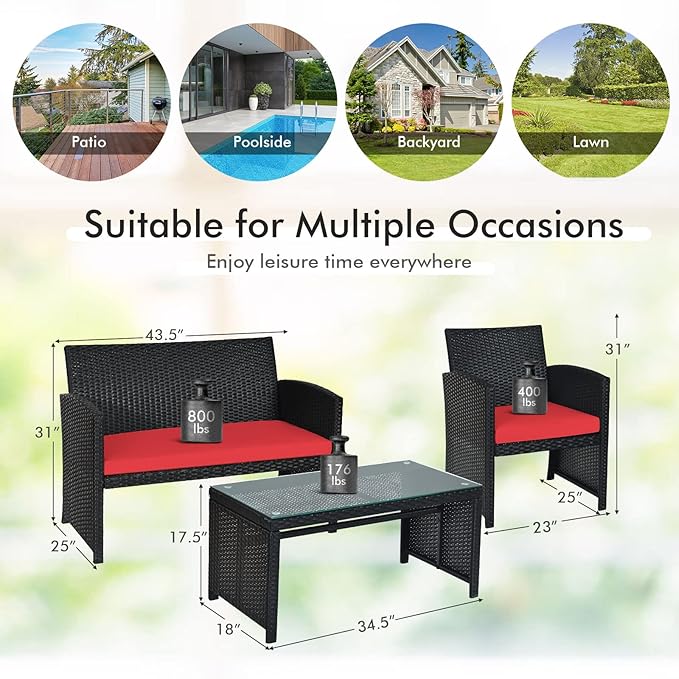 Goplus Rattan Patio Furniture Set 4 Pieces, Outdoor Wicker Conversation Sofa and Table Set with Soft Cushions & Tempered Glass Coffee Table for Balcony Garden Backyard (Red)