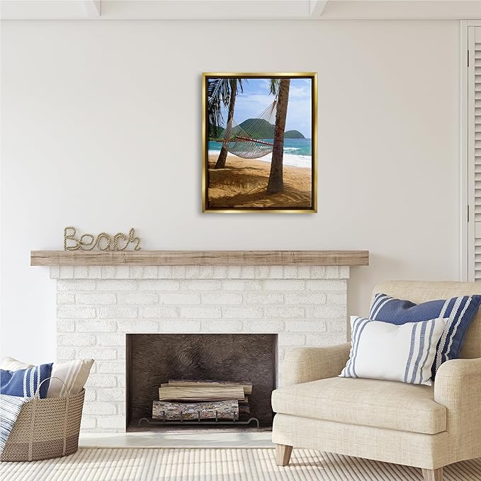 Stupell Industries Hammock on Palm Trees Gold Framed Floater Canvas Wall Art Design by Noah Bay