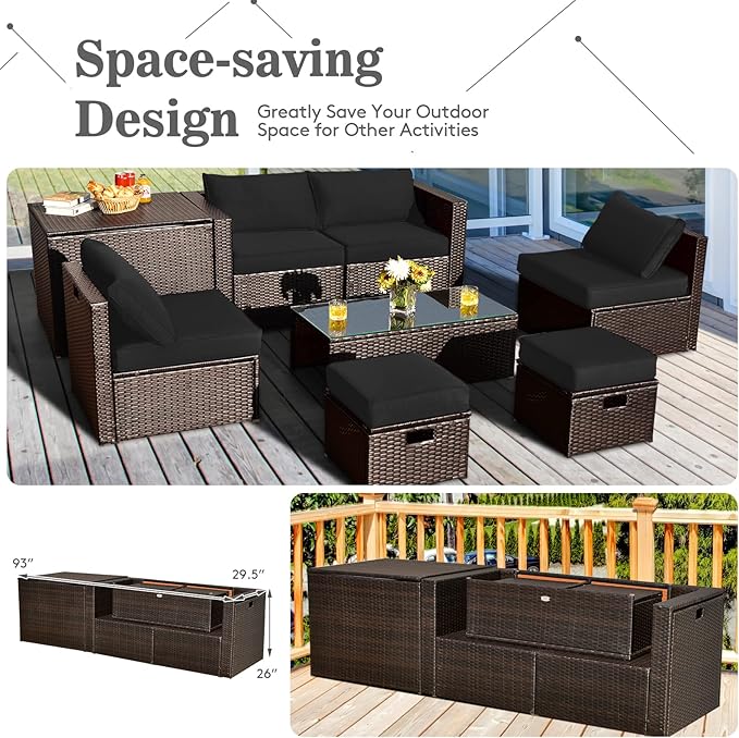 Tangkula 8 Piece Patio Furniture Set, Patiojoy Outdoor Space Saving PE Rattan Sectional Sofa Set for 6 with Waterproof Cover, for Garden, Deck, Poolside and Balcony (Black)