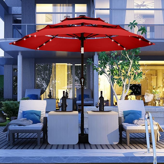 Kingdura 9ft 3-Tier Patio Umbrella with Solar Lights, Table Umbrella Outdoor Patio with Easy Crank & Tilt, 8 Sturdy Ribs, UV Protection, 32 LED Lights for Deck, Poolside, Market (Red)