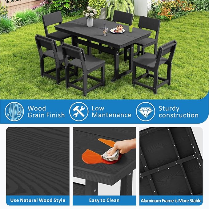 7-Piece HDPE Outdoor Patio Dining Set,Modern Plastic Dining Sets，Patio Table and Chairs Set with Umbrella Hole Cut-Out Table and 6 Chairs Black