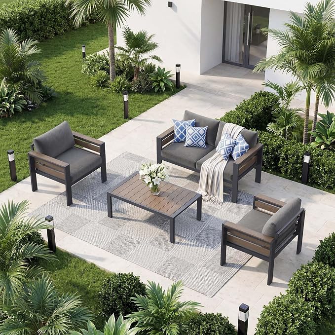 DoCred Aluminum Patio Furniture Set, 4-Piece Modular Patio Conversation Set with Widened Armrests and Thickened Cushions, Metal Outdoor Furniture Set for Porch, Balcony, Deck, Yard, Poolside