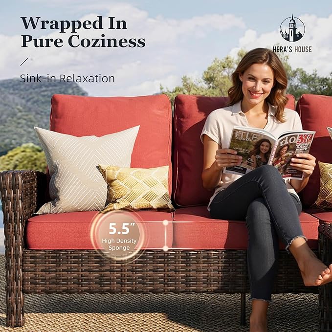 HERA'S HOUSE 8-Piece Patio Furniture Set with Swivel Chairs & Fire Pit Table, High Back Outdoor Conversation Sets with 5.5" Thick Cushions, All-Weather Wicker Deep Seating Sofa with Ottomans, Red