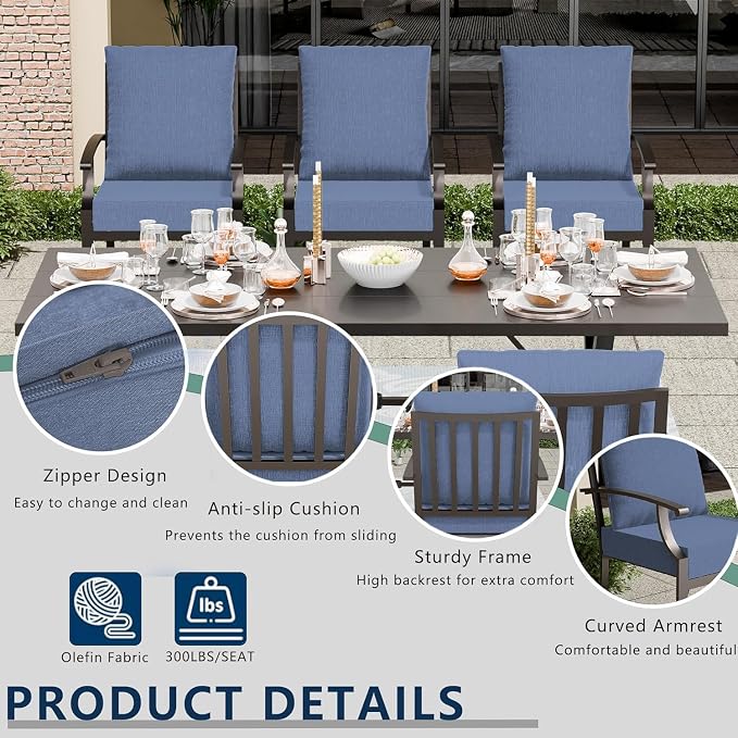 10 Piece Outdoor Dining Set for 8, Patio Table and Chairs Set with Umbrella & Cushions, Patio Furniture Set with 2 Swivel Chairs, Metal Dining Table with Umbrella Hole for Lawn Garden Yard-Navy