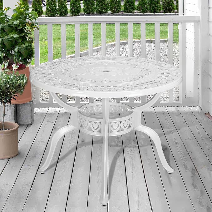 38.5 Inch Outdoor Dining Table Round Patio Table Bronze Cast Aluminum Rustic Large Table with Umbrella Hole, White