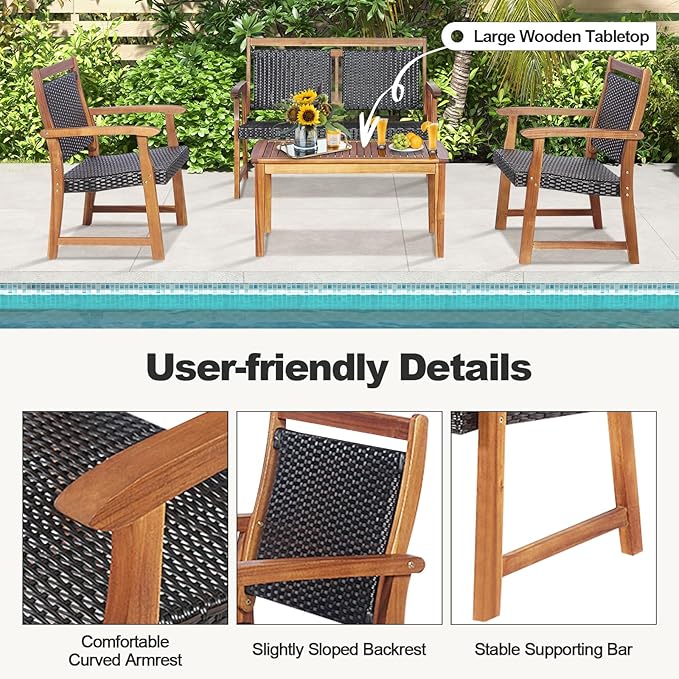 DORTALA 4 Piece Wood Patio Furniture Set, Outdoor Wicker Rattan Conversation Set with Chairs & Coffee Table for Garden, Backyard, Poolside