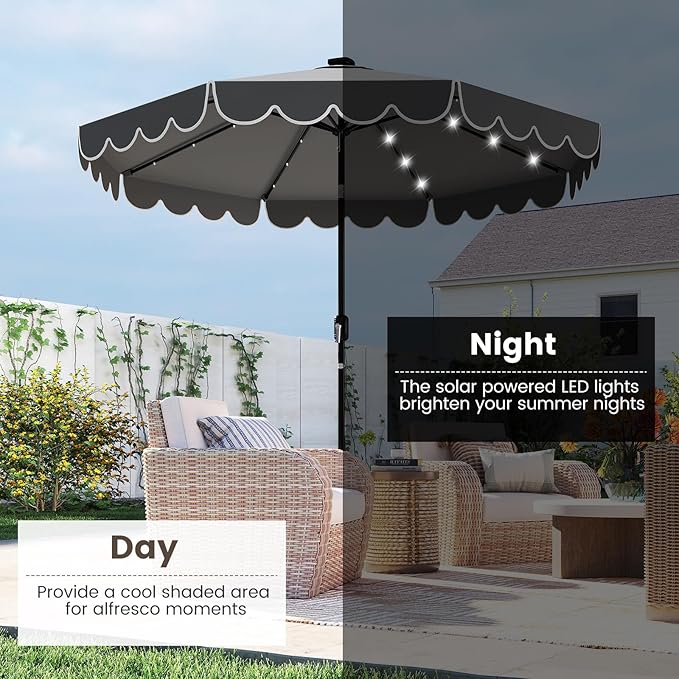 Tangkula 9 FT Solar Patio Umbrella, 2-Tiers Scalloped Outdoor Table Market Umbrella with 32 LED Lights, Vented Top, Tilt Adjustment, Crank, 8 Ribs for Backyard Poolside Deck Beach Lawn (Gray)