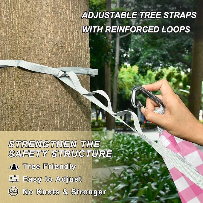 Pink and White Grid 330lb Capacity Camping Hammock with Hanging Rope Hanging Hammock for Camping & Hiking Essential accesorios para campamento
