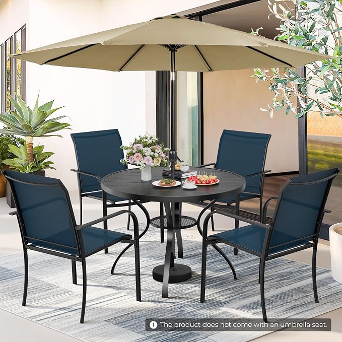 Incbruce 6 PCS Patio Dining Set with Brown Umbrella, Outdoor Dining Set of 4 Textilene Chairs and 41" Round Table with Umbrella Hole for Backyard, Garden, and Poolside (Blue)