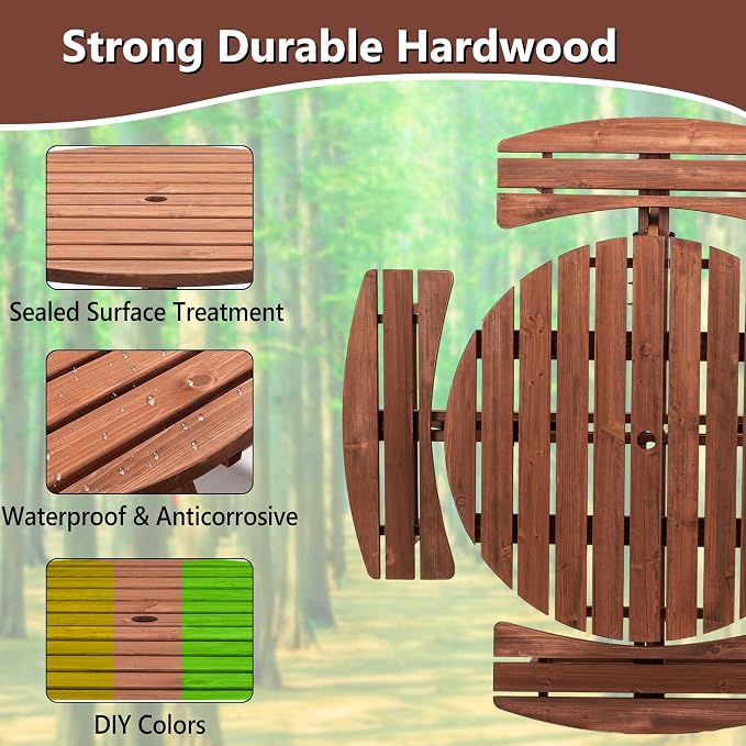 Outdoor Picnic Table for 8 Person, Wooden Picnic Tables with 4 Built-in Benches and Umbrella Hole Outside Table and Bench Set Round Picnic Table for Garden, Backyard, Porch,Patio （Natural