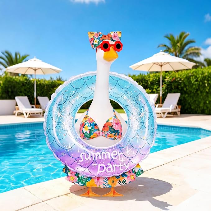 Porch Goose Summer Outfit, 23 Inch Hawaiian Bikini Costume, Accessories Include Bow, Sunglasses & Swim Ring, Fits Cement Goose Statue for Garden Patio Yard Outdoor Decor (Tropical Floral)
