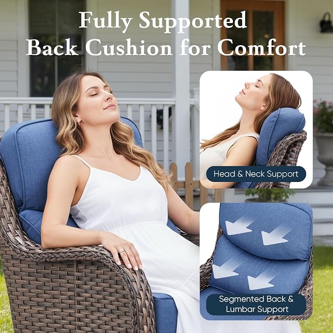 Belord Luxury 6" Thick Cushioned Outdoor Swivel Rocker Patio Chairs with Side Table, High Back Wicker Furniture Set with Ergonomic Zone Back, Conversation Glider Set for Deck Porch - Brown+Blue