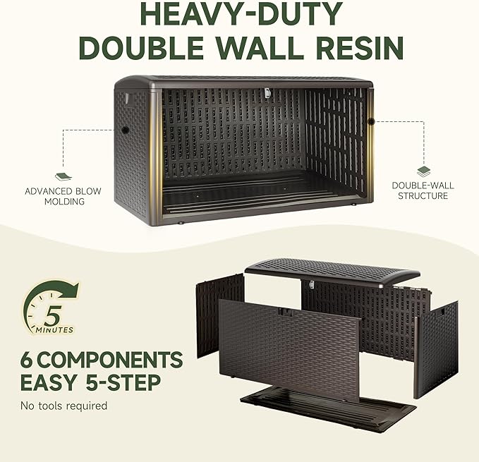 90-Gallon Double Layer Resin Deck Box – Lockable, Waterproof & UV-Resistant Storage for Patio Furniture, Garden Tools & Pool Accessories (Brown)
