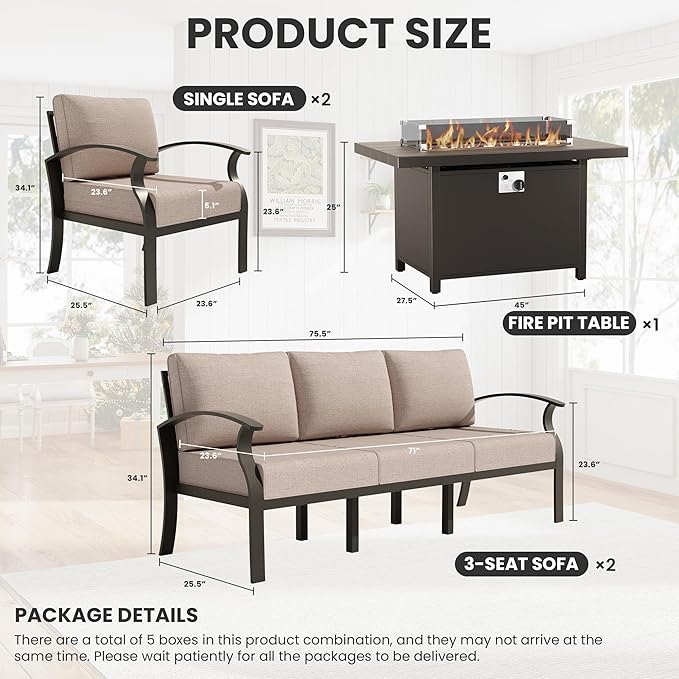 ALAULM Aluminum Patio Furniture Set with Propane Fire Pit Table 8-seat Metal Outdoor Furniture w/Fire Pit Patio Conversation Set w/5.1" Cushions for Patio, Backyard, Poolside-Sand