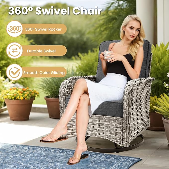 HOOOWOOO 9 Pieces Patio Furniture Set,L Shaped Outdoor Sectional Couch with Fire Pit Table, Pe Wicker All Weather Outside Conversation Sofa Swivel Chiars Solar Table Ottoman Set,Black